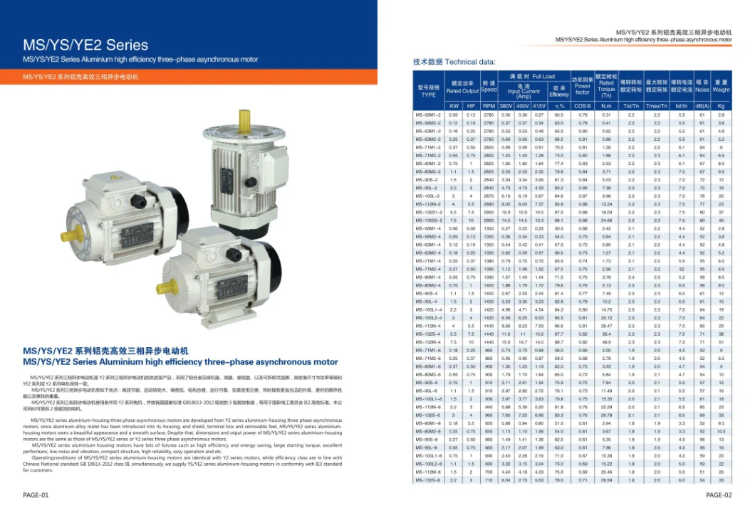 Ms /Ys/Ye2 Series Aluminium High Efficiency Three Phase Asynchronous Motor